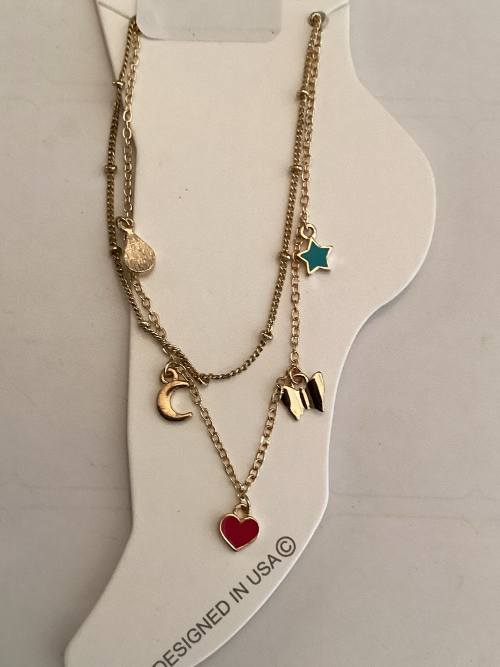 Gold-Tone Layered Charm anklet with Red‎ Heart & Teal Star